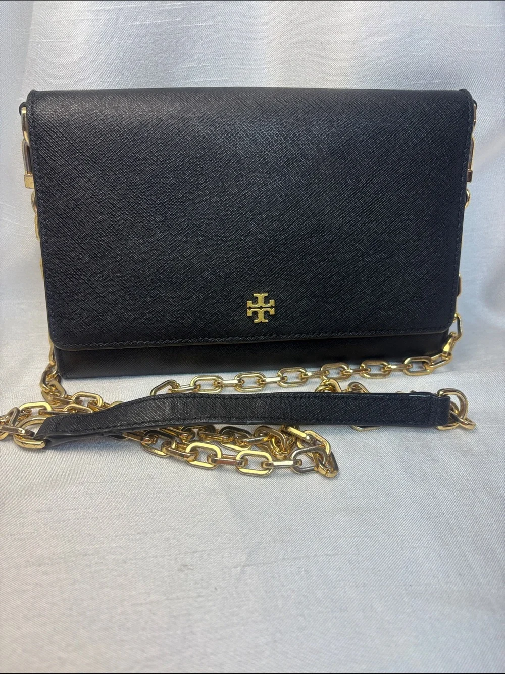 Tory Burch Black Saffiano Leather Crossbody with Gold Chain Strap